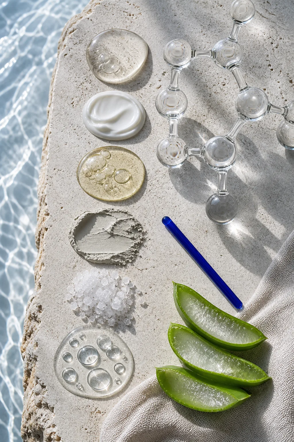 Illustrative study of skincare textures, glass and botanical ingredients